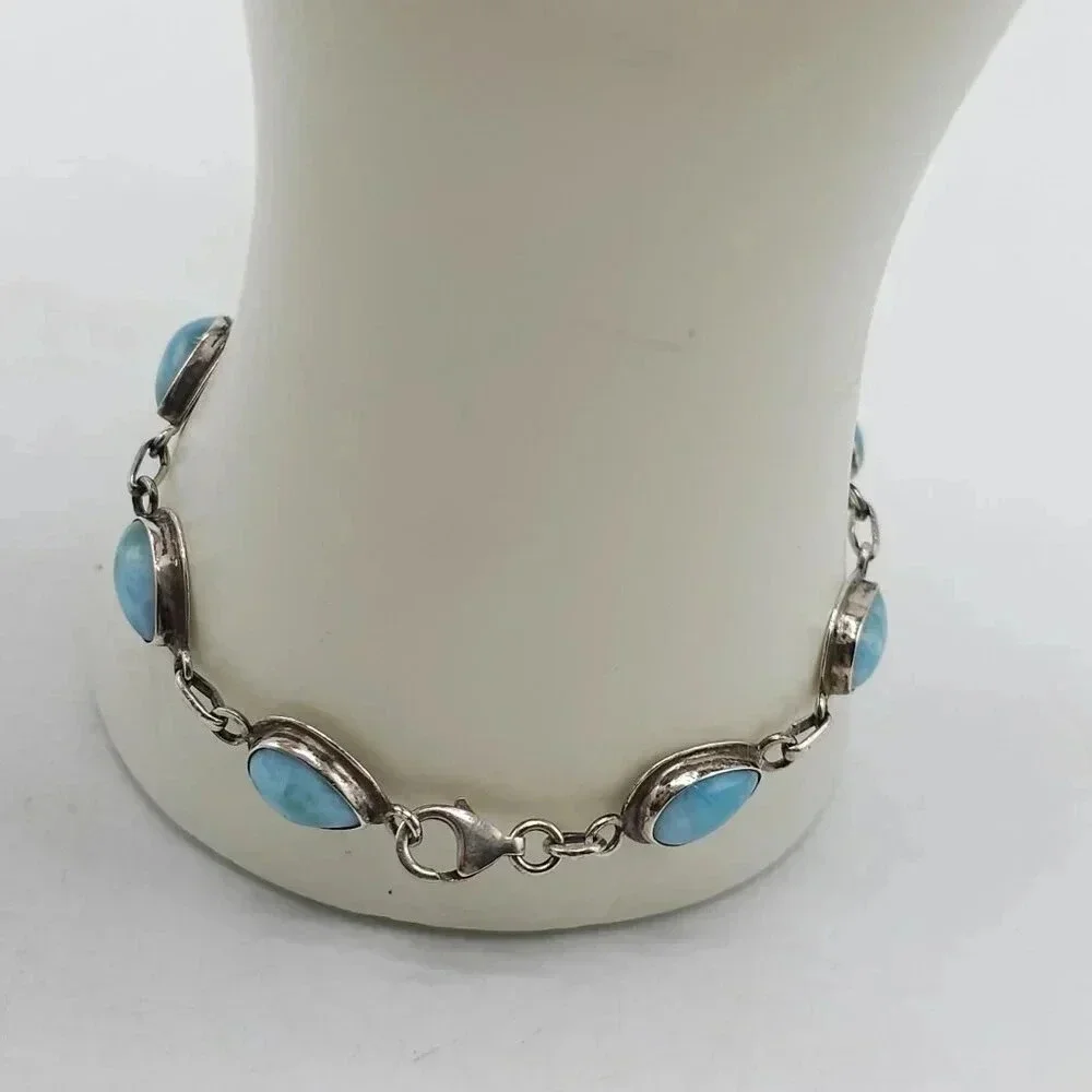 Sterling Silver Blue Larimar Tear Drop Chain Bracelet 7.5 in 10.62g